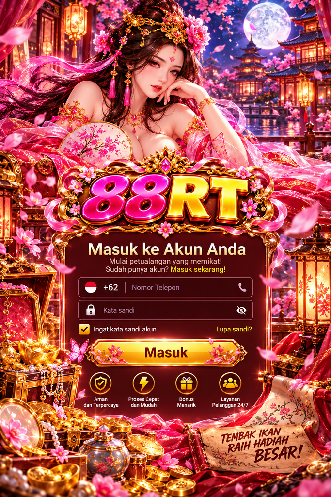 Login 88RT bertema Diao Chan dengan bunga sakura, lentera, dan nuansa merah muda keemasan